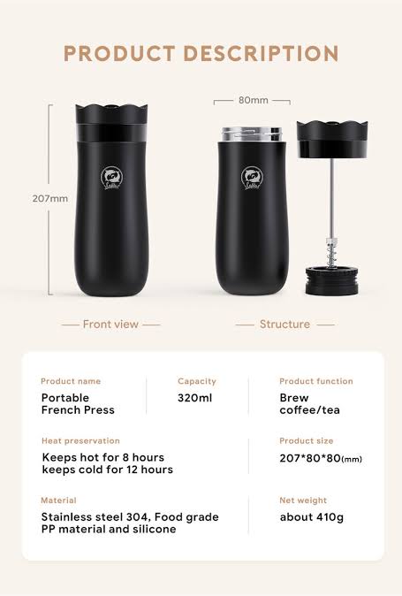 iCafilas French Press Portable Coffee Maker Insulation Cup 320ml - FA2316