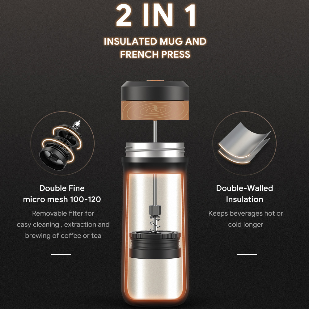 iCafilas French Press Travel Mug Portable Coffee Maker 320ml - F222