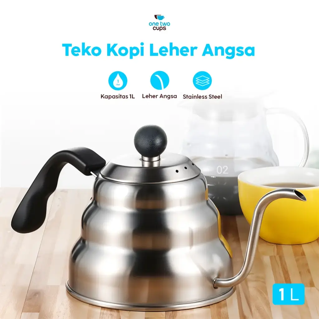 RF10 Silver 1L Teko Leher Angsa Gooseneck Kettle One Two Cups