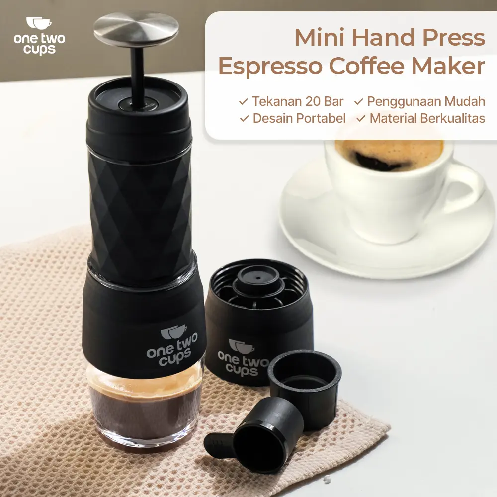 One Two Cups Hand Press Mini Espresso Coffee Maker 3in1 20 Bar 120ml - HS-8439 - Black
