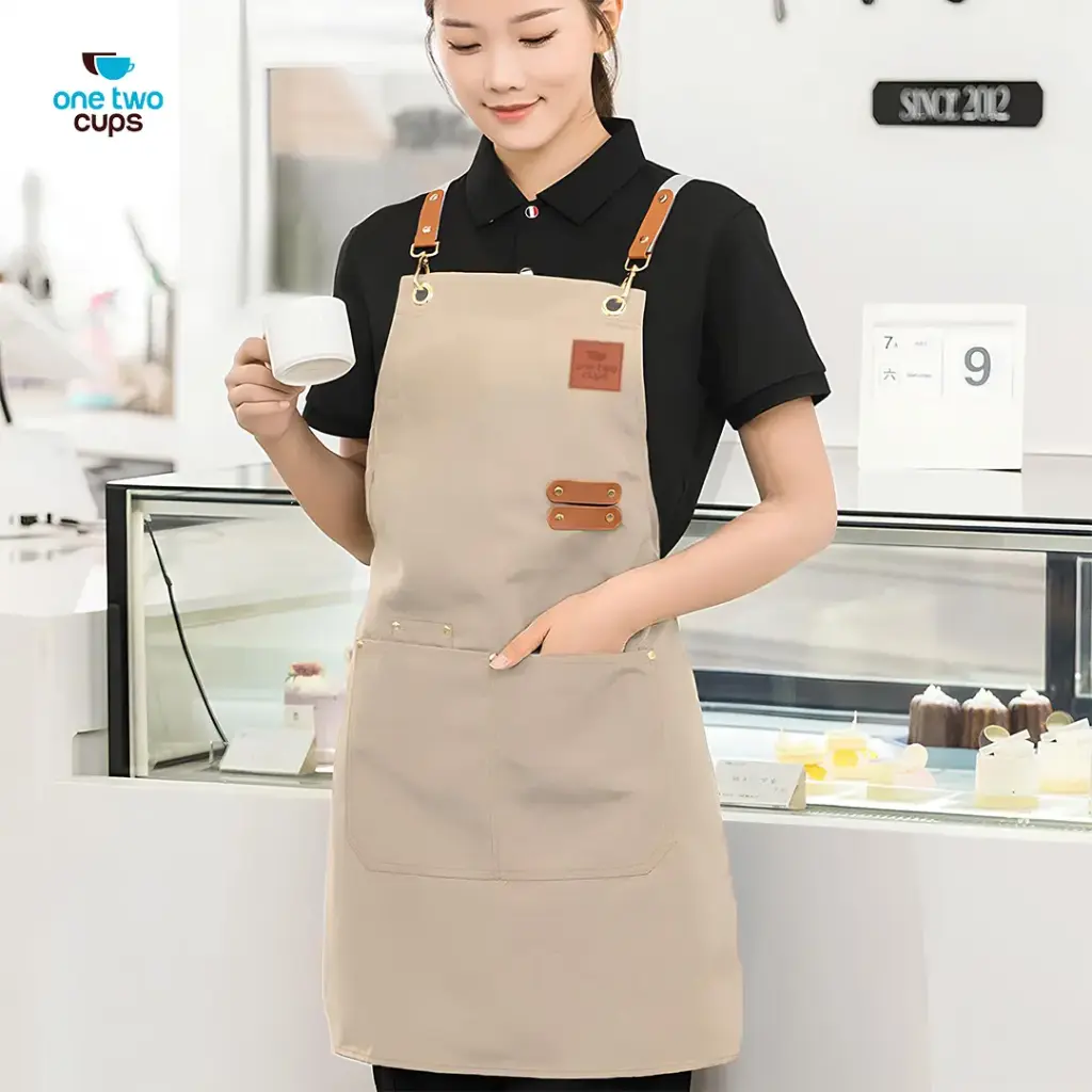 SP01 Celemek Masak Apron Barista Canvas Khaki One Two Cups