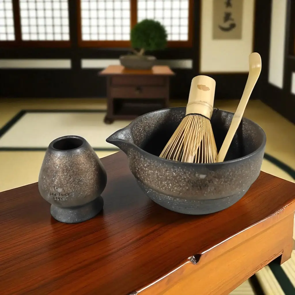 N41 Brown One Two Cups Matcha Set 4in1 Chawan Chasen Stand Chashaku