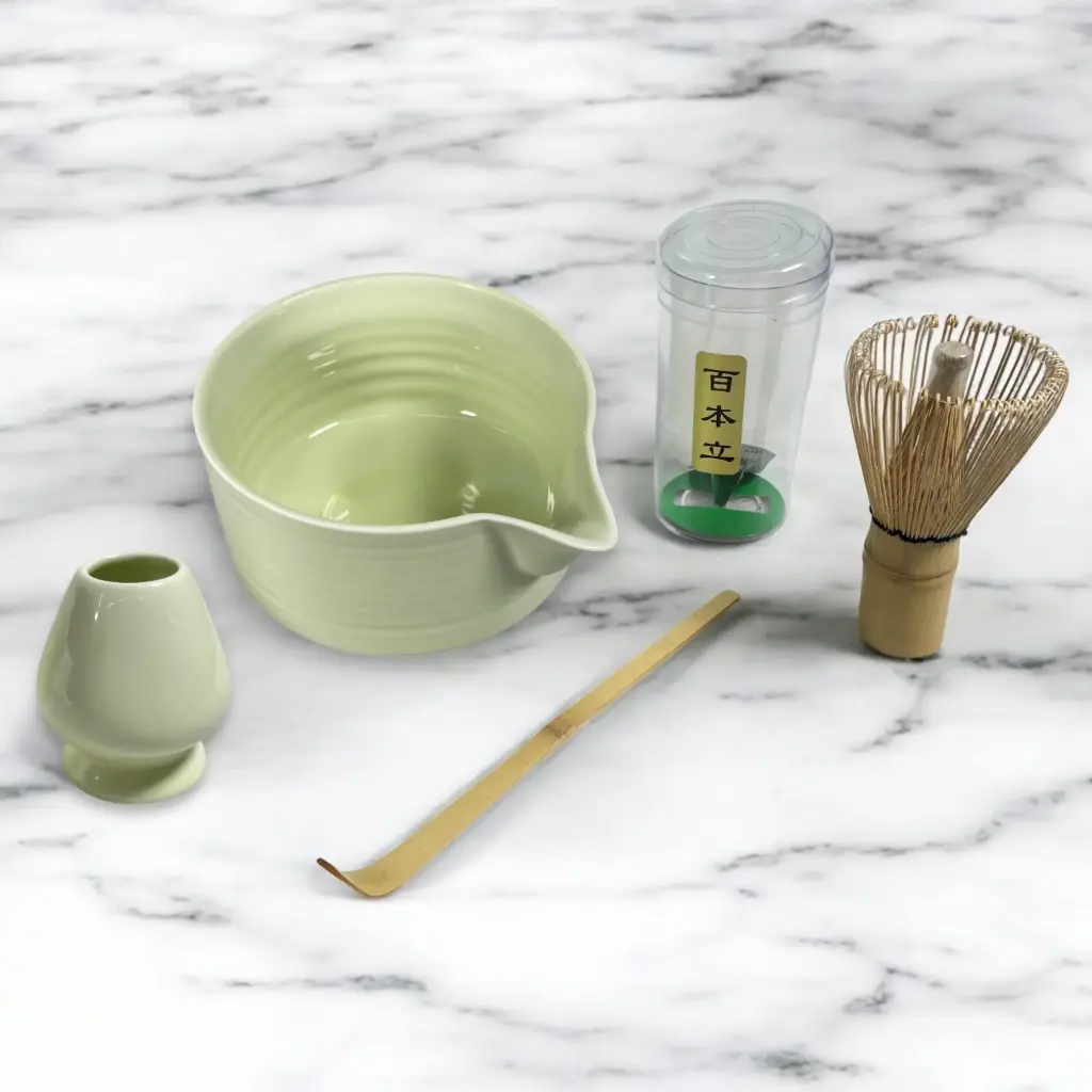 S20 Beige Matcha Set 4in1 Chawan Chasen Stand Chashaku Ceramic 500ml One Two Cups