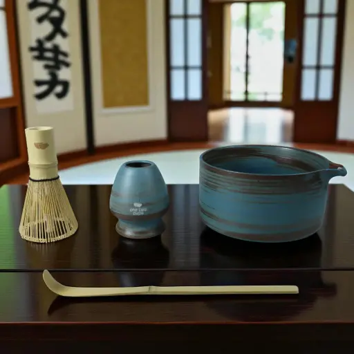 [7CHT9XBL] MYV16D Blue Matcha Set 4in1 Chasen Whisk Chashaku Chawan