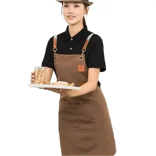 [7RHK7ICF] SP01 Celemek Masak Apron Barista Canvas Brown/Coffee One Two Cups
