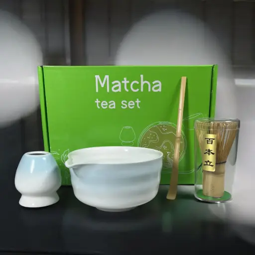 [7RHW0KBL] CZ3 Blue Matcha Set 4in1 Chawan Chasen Stand Chashaku Ceramic 500ml